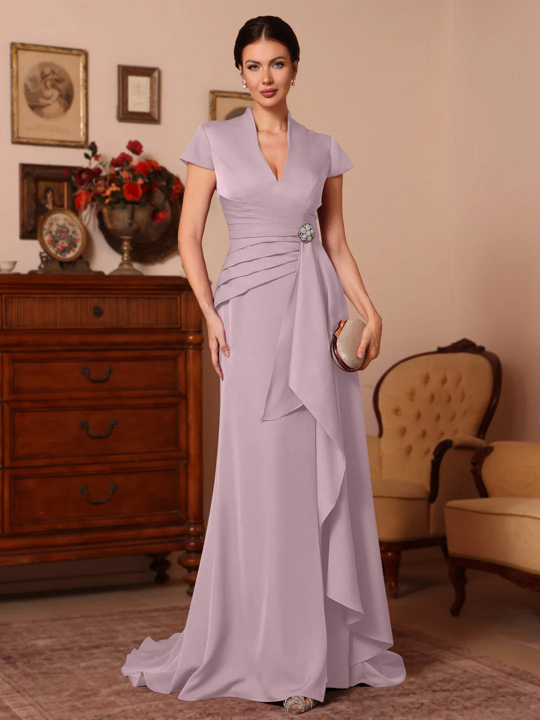 Trumpet Mermaid V Neck Stretch Satin Mother Of The Bride Dresses Floor Length Sweep Train Cap Sleeves Ruffles