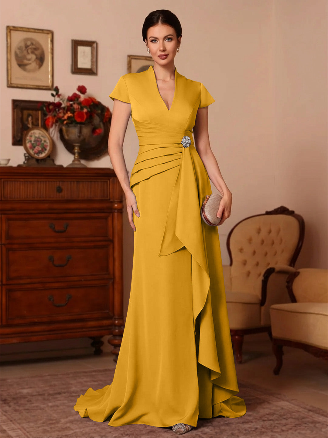 Trumpet Mermaid V Neck Stretch Satin Mother Of The Bride Dresses Floor Length Sweep Train Cap Sleeves Ruffles