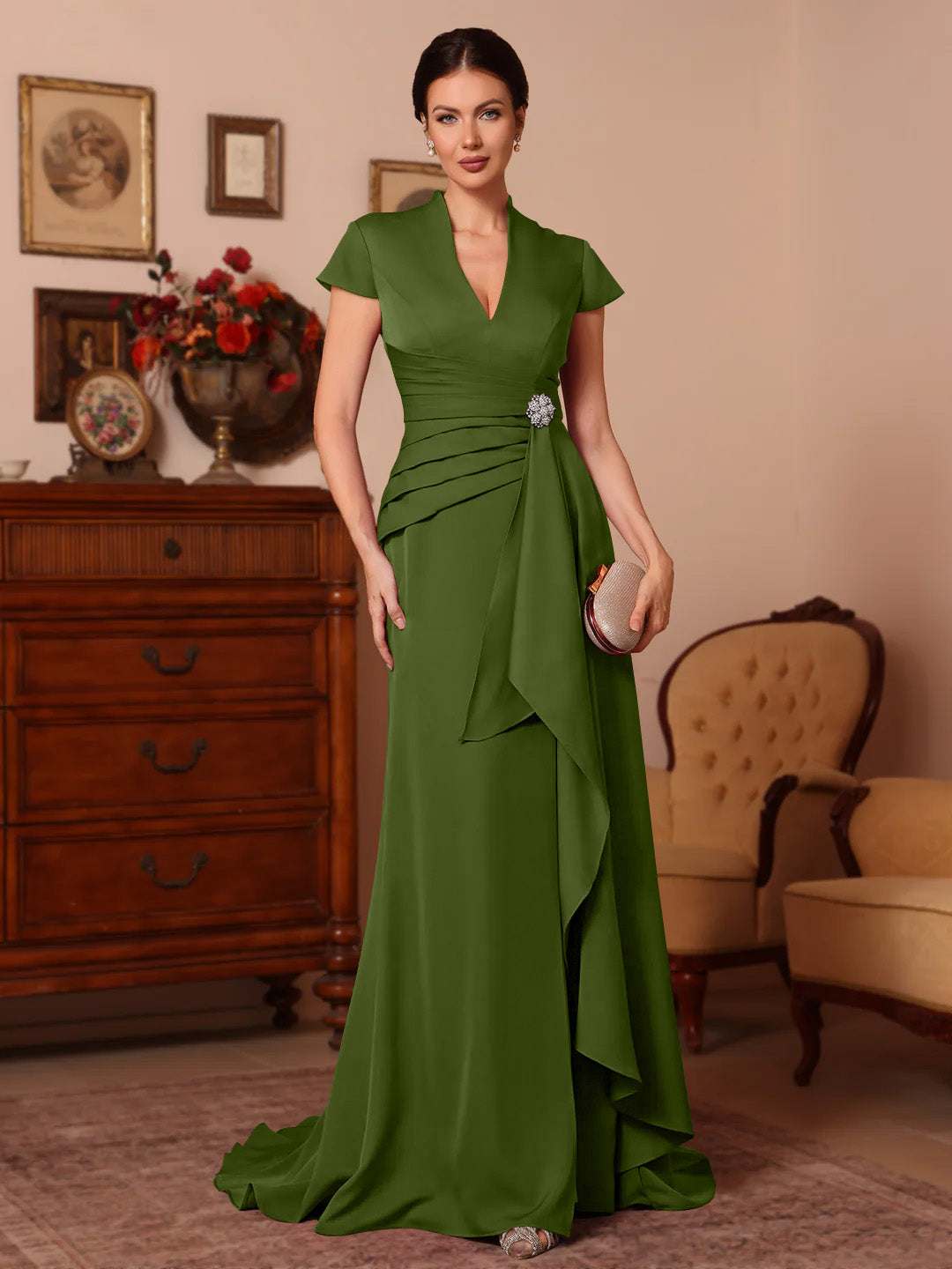 Trumpet Mermaid V Neck Stretch Satin Mother Of The Bride Dresses Floor Length Sweep Train Cap Sleeves Ruffles