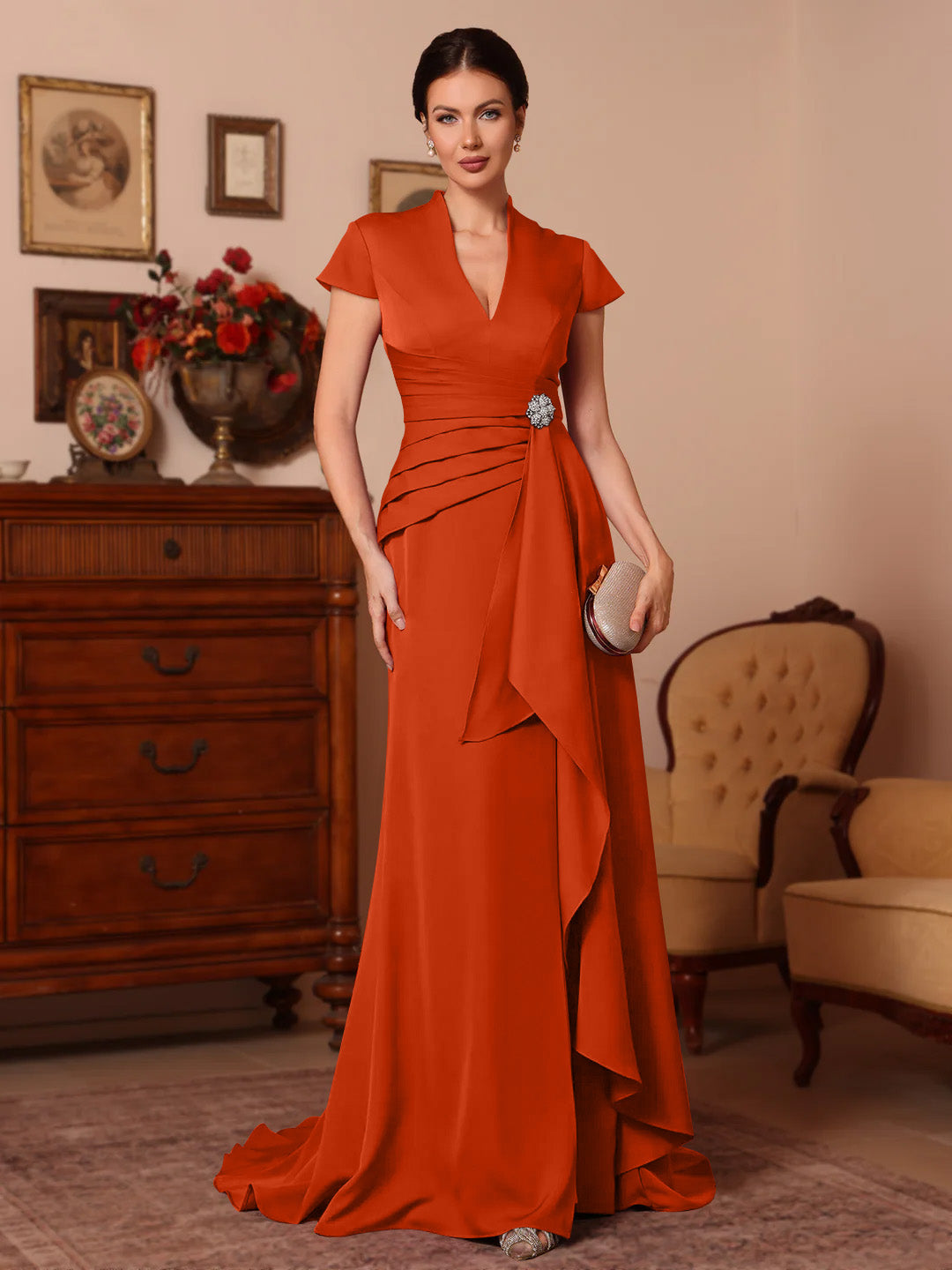 Trumpet Mermaid V Neck Stretch Satin Mother Of The Bride Dresses Floor Length Sweep Train Cap Sleeves Ruffles