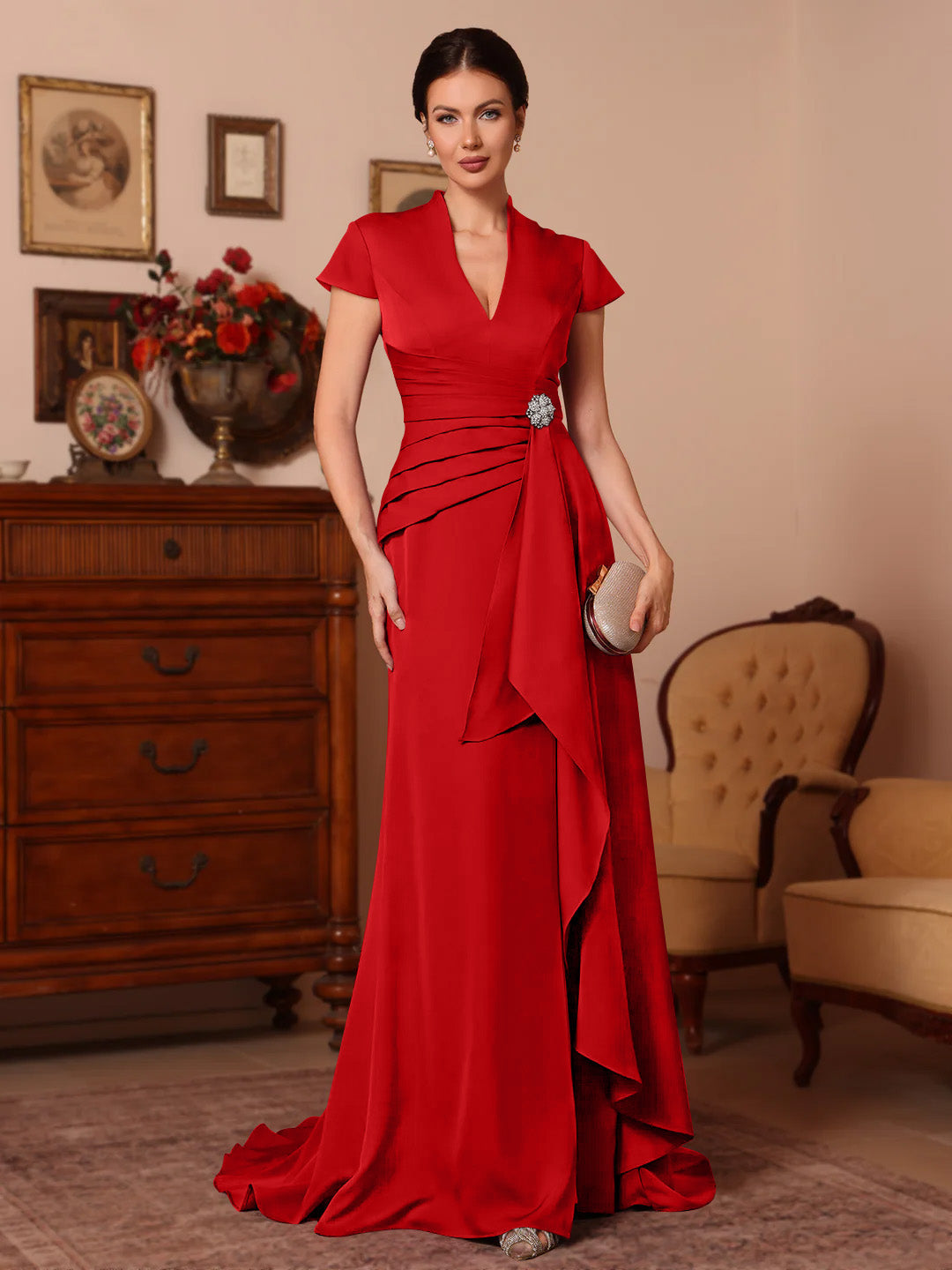 Trumpet Mermaid V Neck Stretch Satin Mother Of The Bride Dresses Floor Length Sweep Train Cap Sleeves Ruffles
