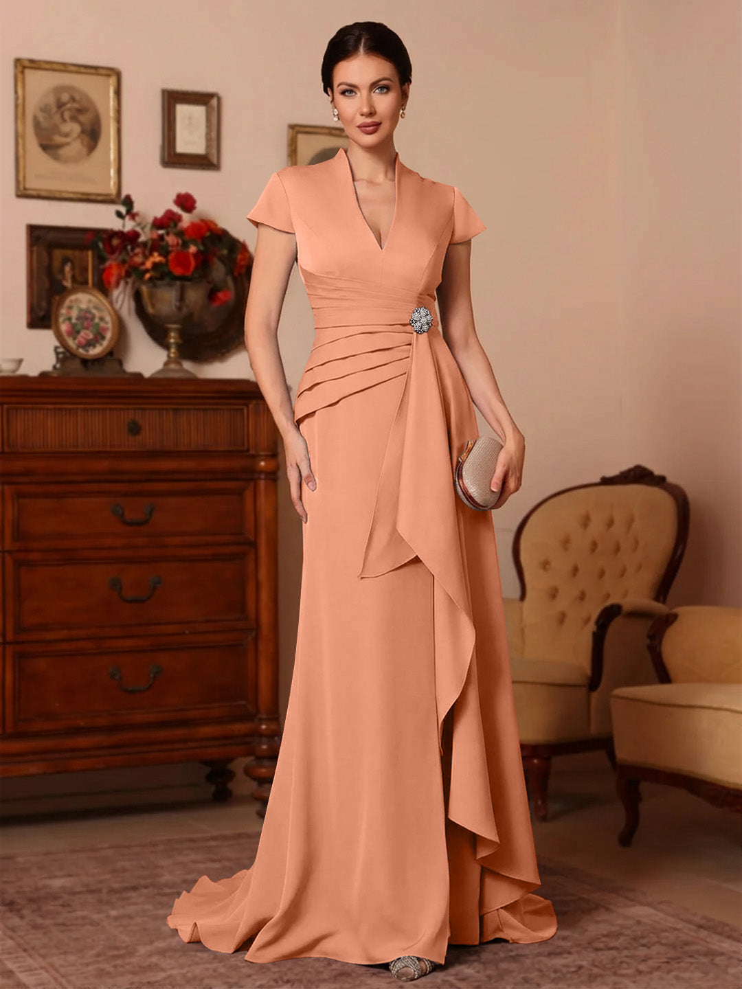 Trumpet Mermaid V Neck Stretch Satin Mother Of The Bride Dresses Floor Length Sweep Train Cap Sleeves Ruffles