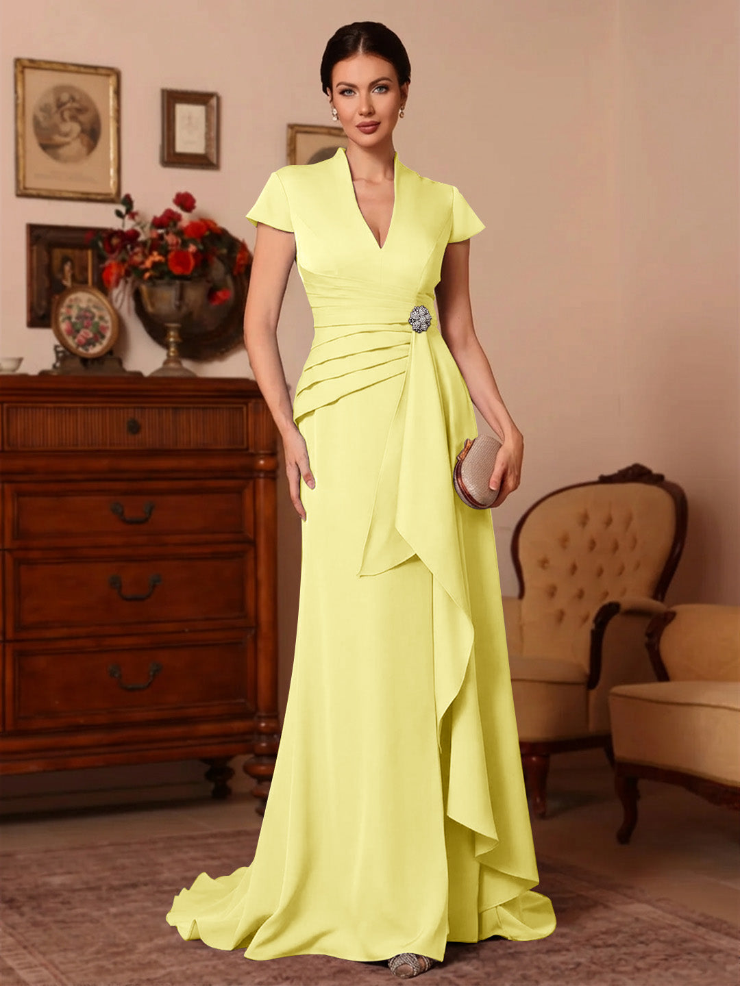 Trumpet Mermaid V Neck Stretch Satin Mother Of The Bride Dresses Floor Length Sweep Train Cap Sleeves Ruffles