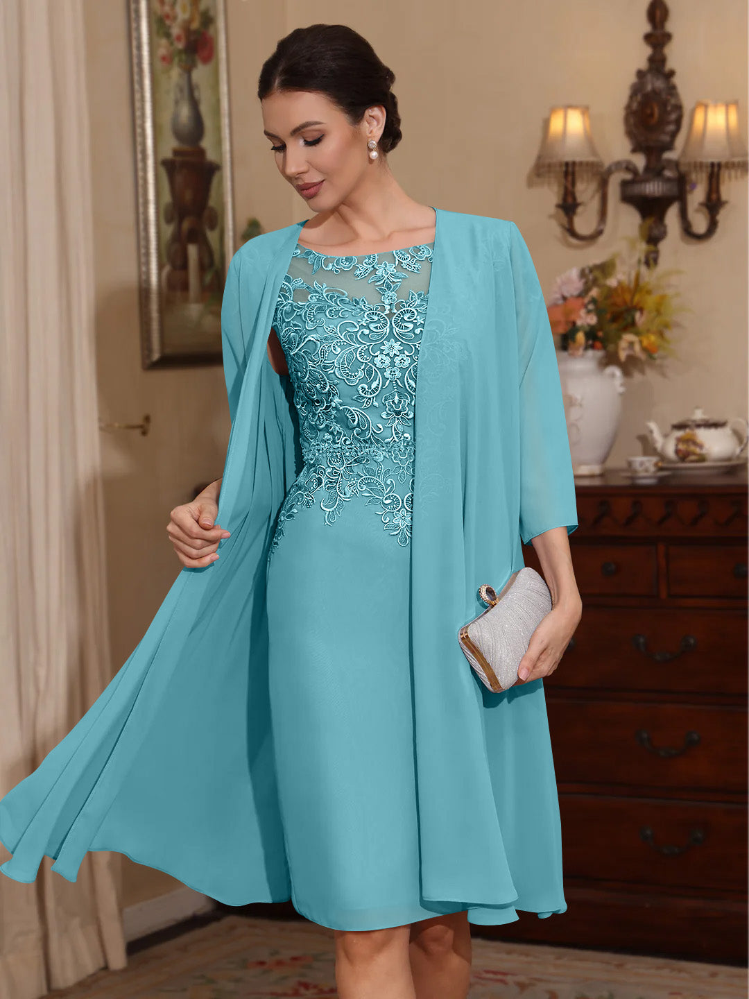 2 Pieces Sheath Column Scoop Chiffon Mother Of The Bride Dresses With Jacket Lace Knee Length 3 4 Sleeves