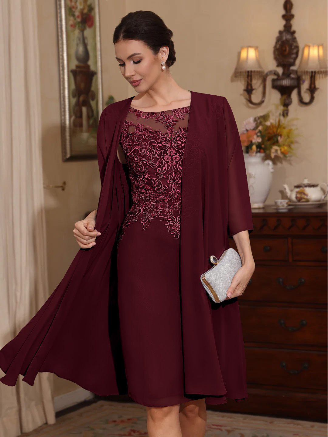 2 Pieces Sheath Column Scoop Chiffon Mother Of The Bride Dresses With Jacket Lace Knee Length 3 4 Sleeves