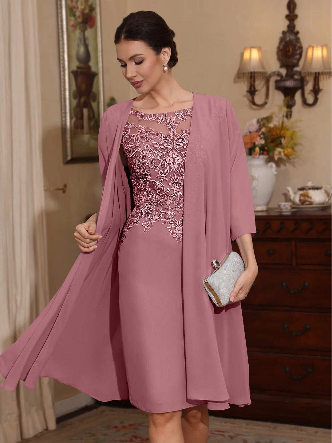 2 Pieces Sheath Column Scoop Chiffon Mother Of The Bride Dresses With Jacket Lace Knee Length 3 4 Sleeves