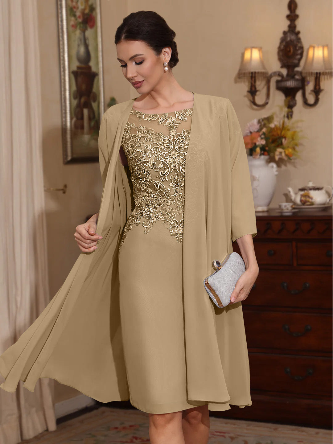 2 Pieces Sheath Column Scoop Chiffon Mother Of The Bride Dresses With Jacket Lace Knee Length 3 4 Sleeves