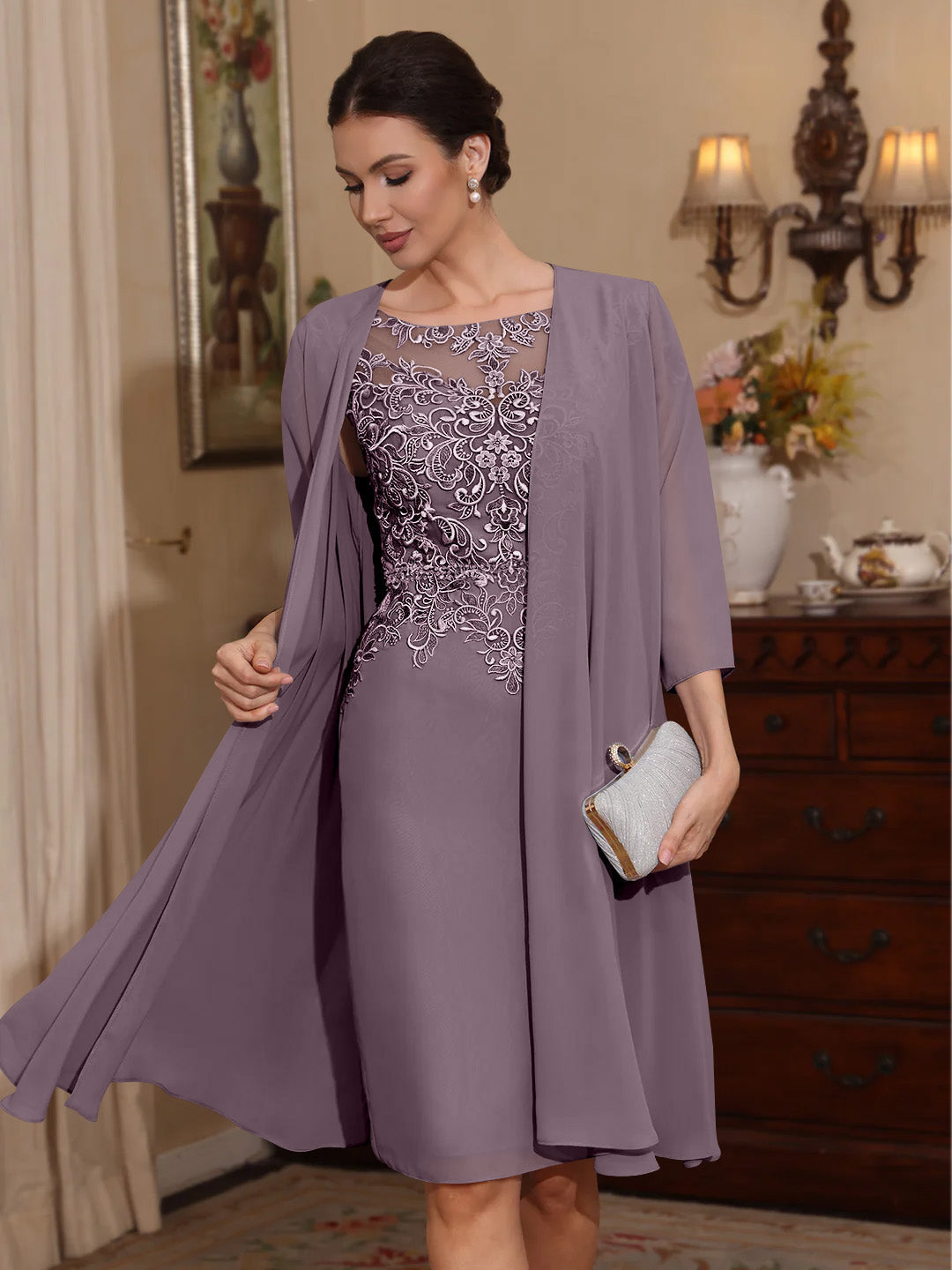 2 Pieces Sheath Column Scoop Chiffon Mother Of The Bride Dresses With Jacket Lace Knee Length 3 4 Sleeves