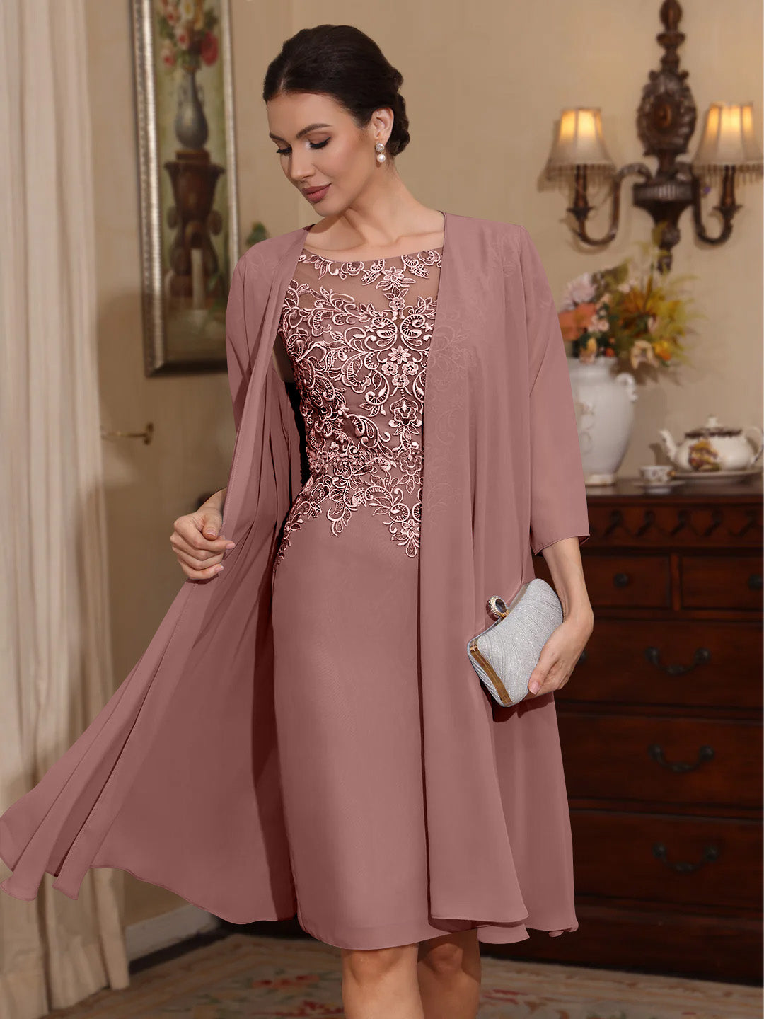 2 Pieces Sheath Column Scoop Chiffon Mother Of The Bride Dresses With Jacket Lace Knee Length 3 4 Sleeves