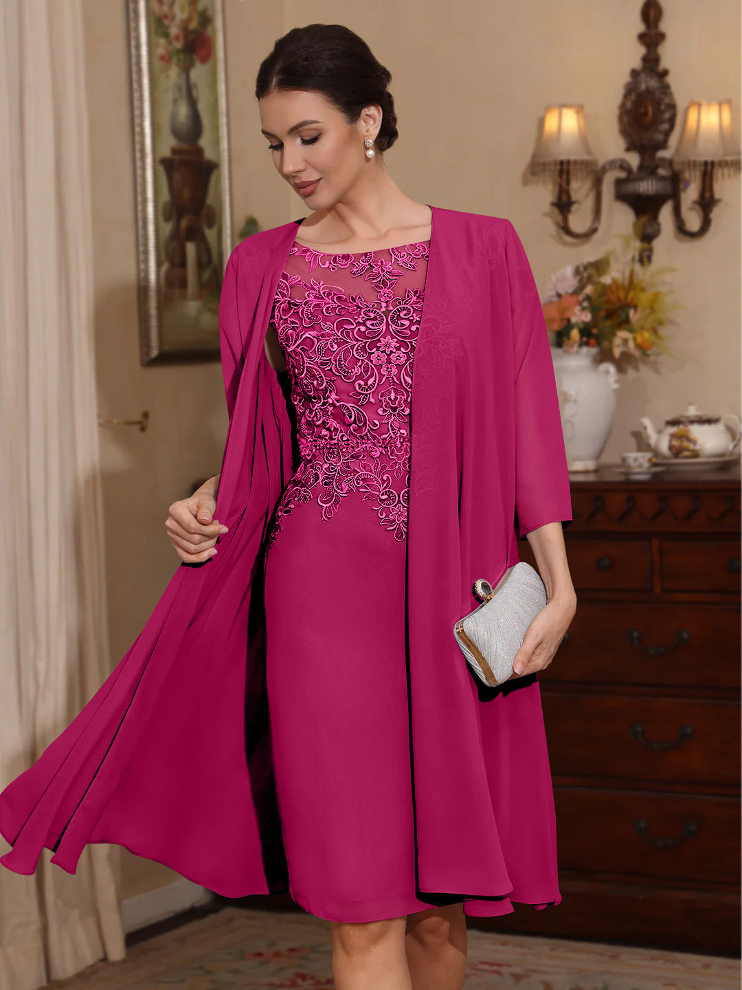 2 Pieces Sheath Column Scoop Chiffon Mother Of The Bride Dresses With Jacket Lace Knee Length 3 4 Sleeves