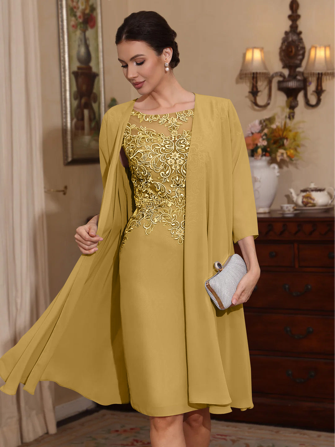 2 Pieces Sheath Column Scoop Chiffon Mother Of The Bride Dresses With Jacket Lace Knee Length 3 4 Sleeves