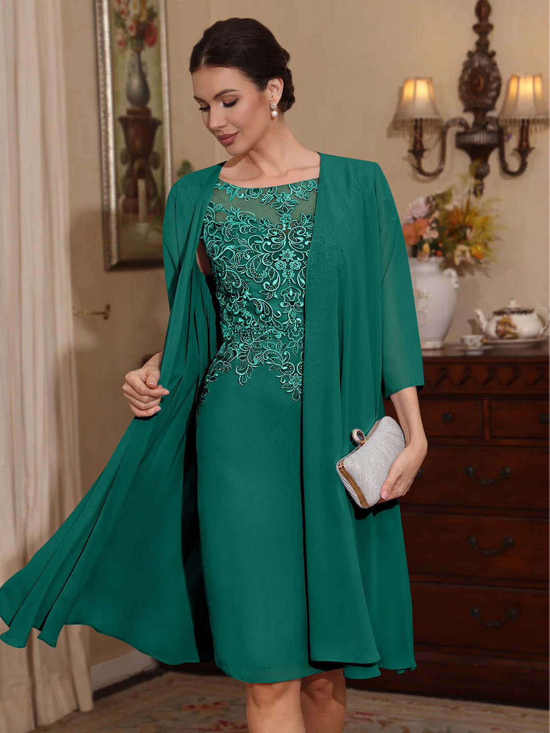 2 Pieces Sheath Column Scoop Chiffon Mother Of The Bride Dresses With Jacket Lace Knee Length 3 4 Sleeves