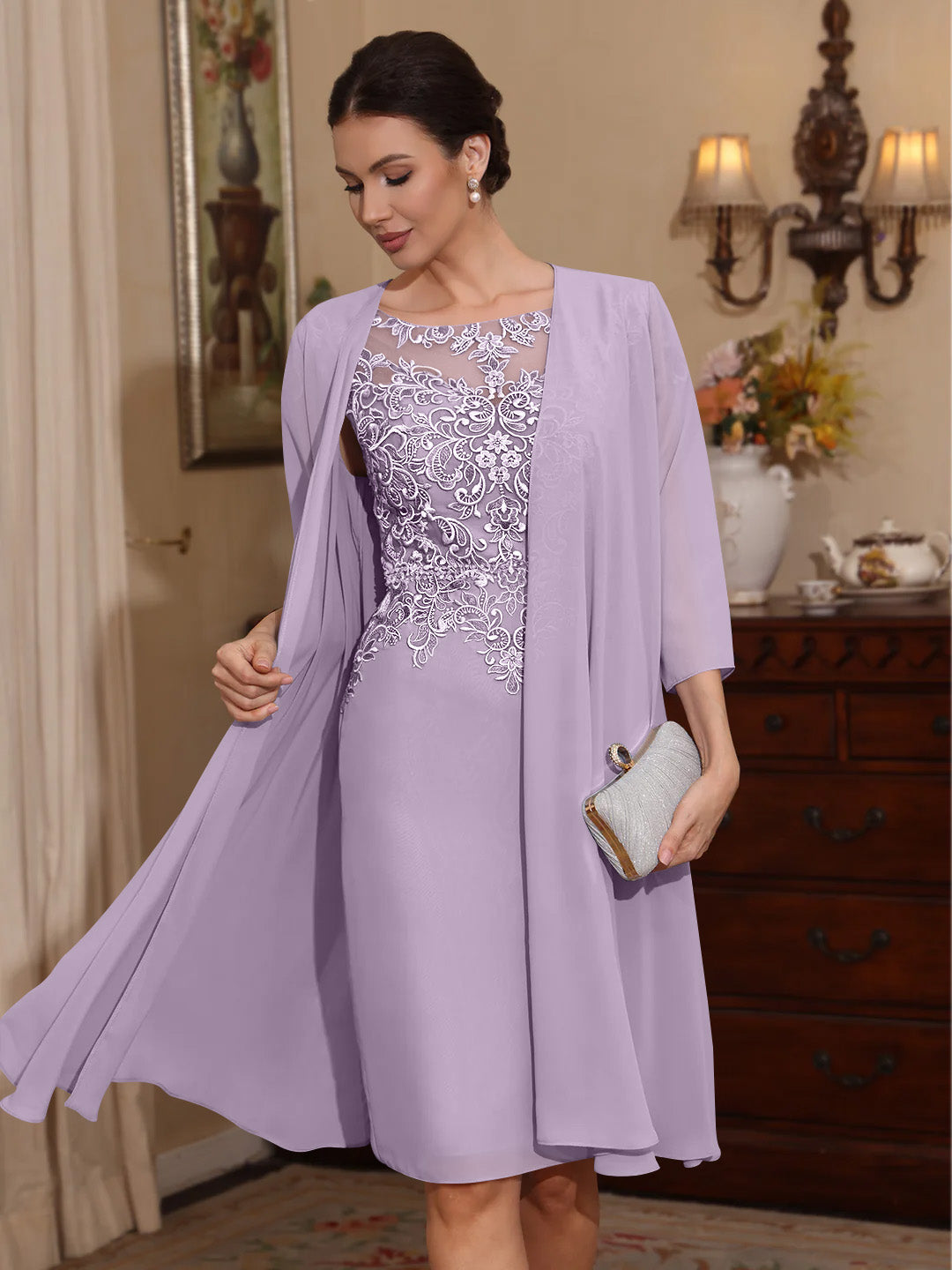 2 Pieces Sheath Column Scoop Chiffon Mother Of The Bride Dresses With Jacket Lace Knee Length 3 4 Sleeves