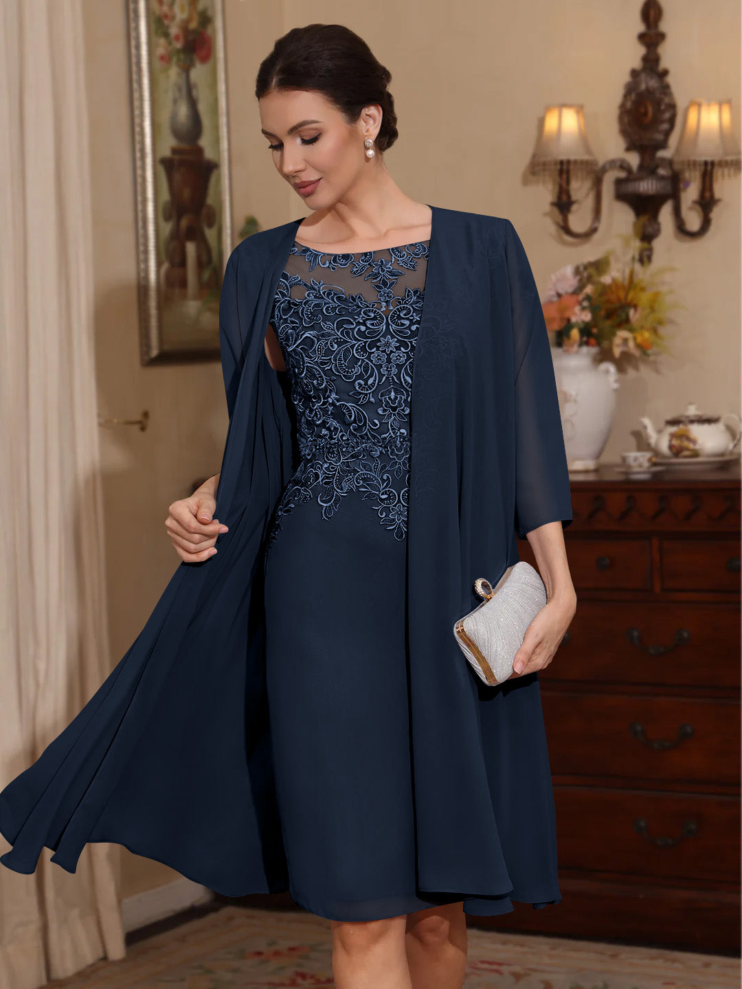 2 Pieces Sheath Column Scoop Chiffon Mother Of The Bride Dresses With Jacket Lace Knee Length 3 4 Sleeves