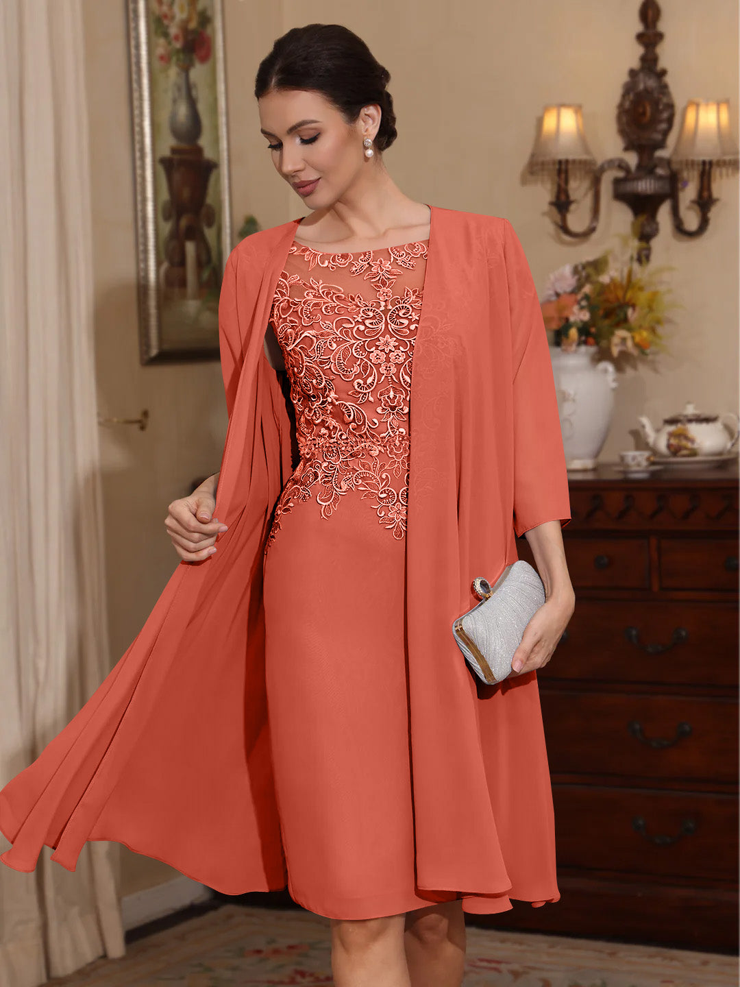 2 Pieces Sheath Column Scoop Chiffon Mother Of The Bride Dresses With Jacket Lace Knee Length 3 4 Sleeves