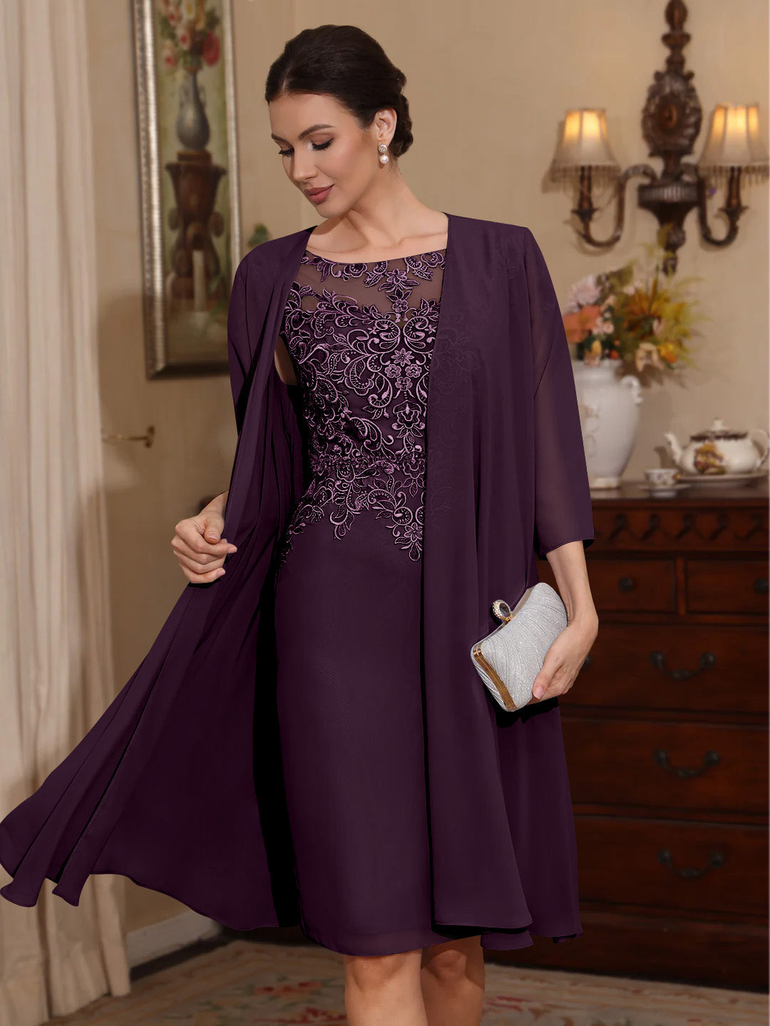 2 Pieces Sheath Column Scoop Chiffon Mother Of The Bride Dresses With Jacket Lace Knee Length 3 4 Sleeves