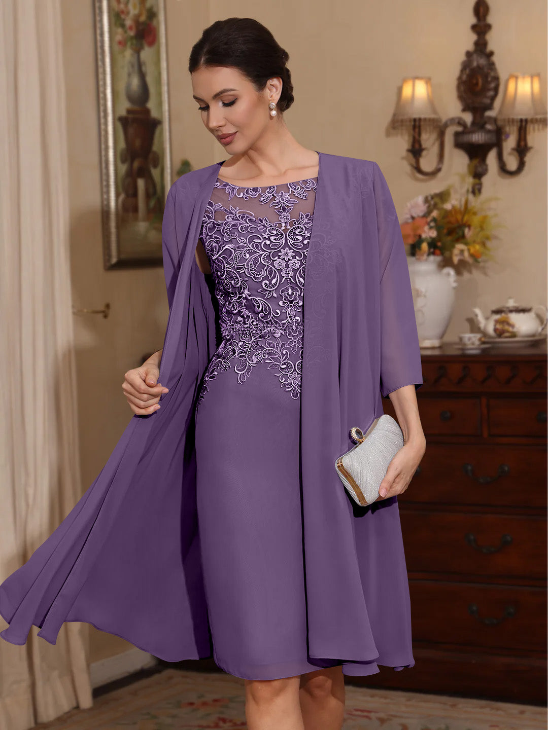 2 Pieces Sheath Column Scoop Chiffon Mother Of The Bride Dresses With Jacket Lace Knee Length 3 4 Sleeves