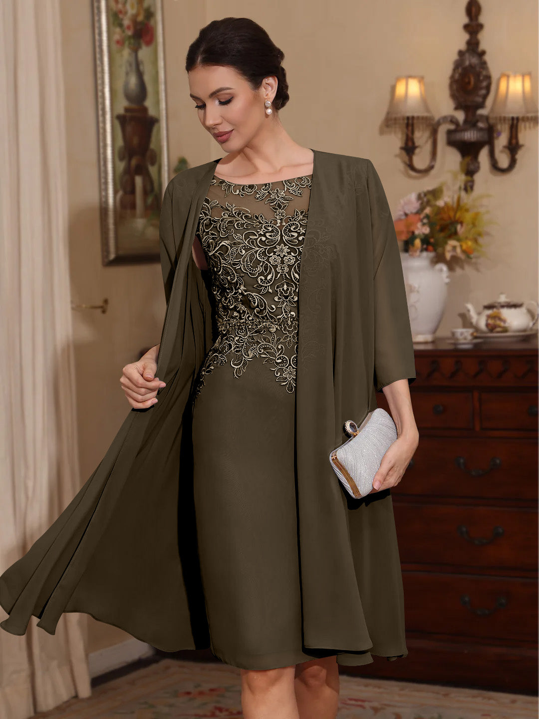 2 Pieces Sheath Column Scoop Chiffon Mother Of The Bride Dresses With Jacket Lace Knee Length 3 4 Sleeves