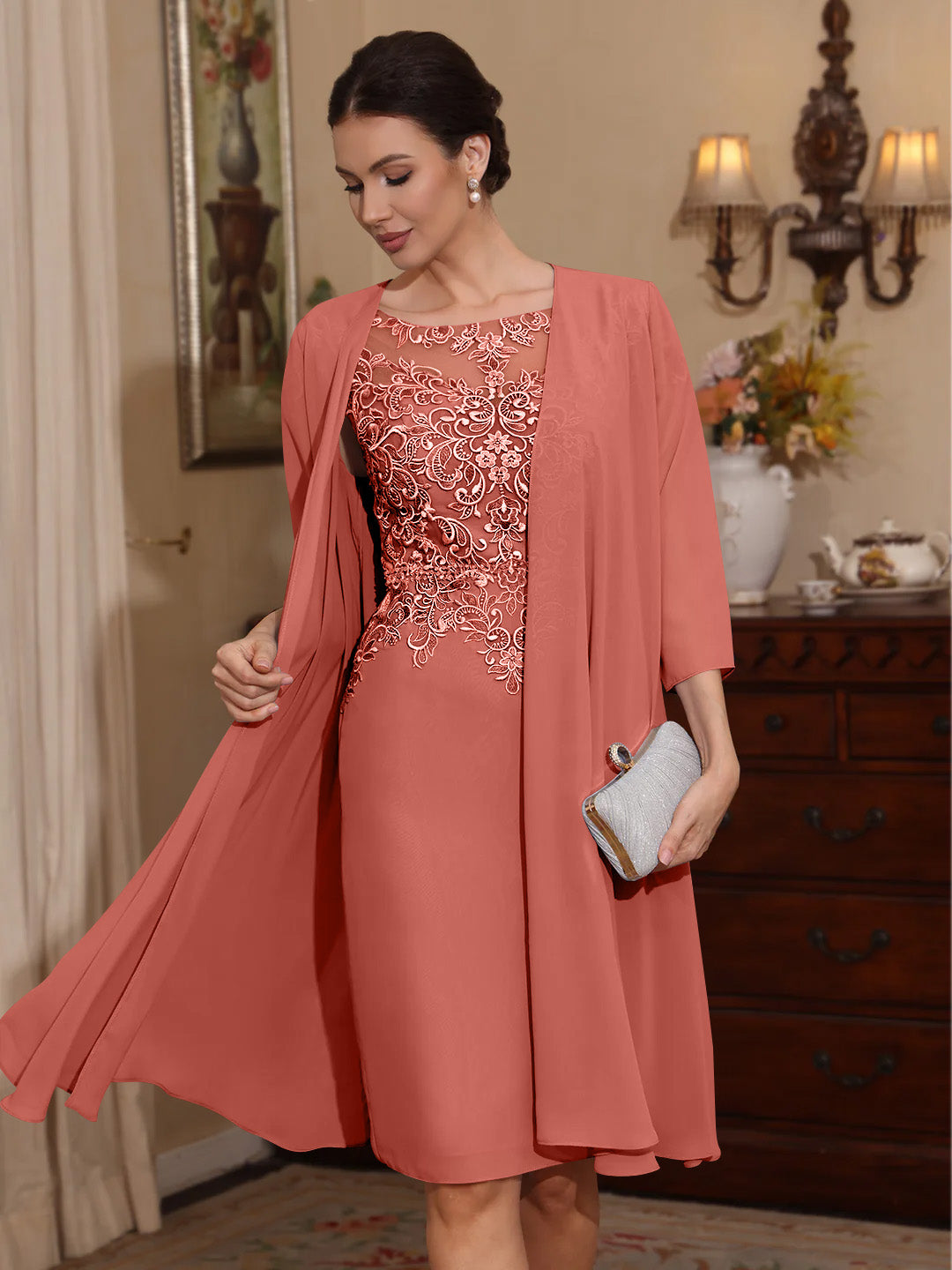 2 Pieces Sheath Column Scoop Chiffon Mother Of The Bride Dresses With Jacket Lace Knee Length 3 4 Sleeves