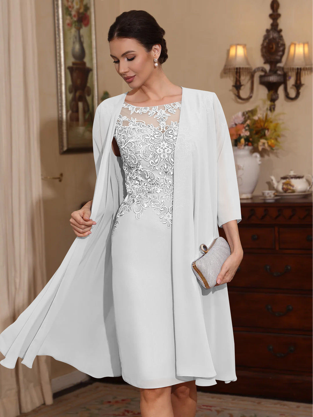 2 Pieces Sheath Column Scoop Chiffon Mother Of The Bride Dresses With Jacket Lace Knee Length 3 4 Sleeves