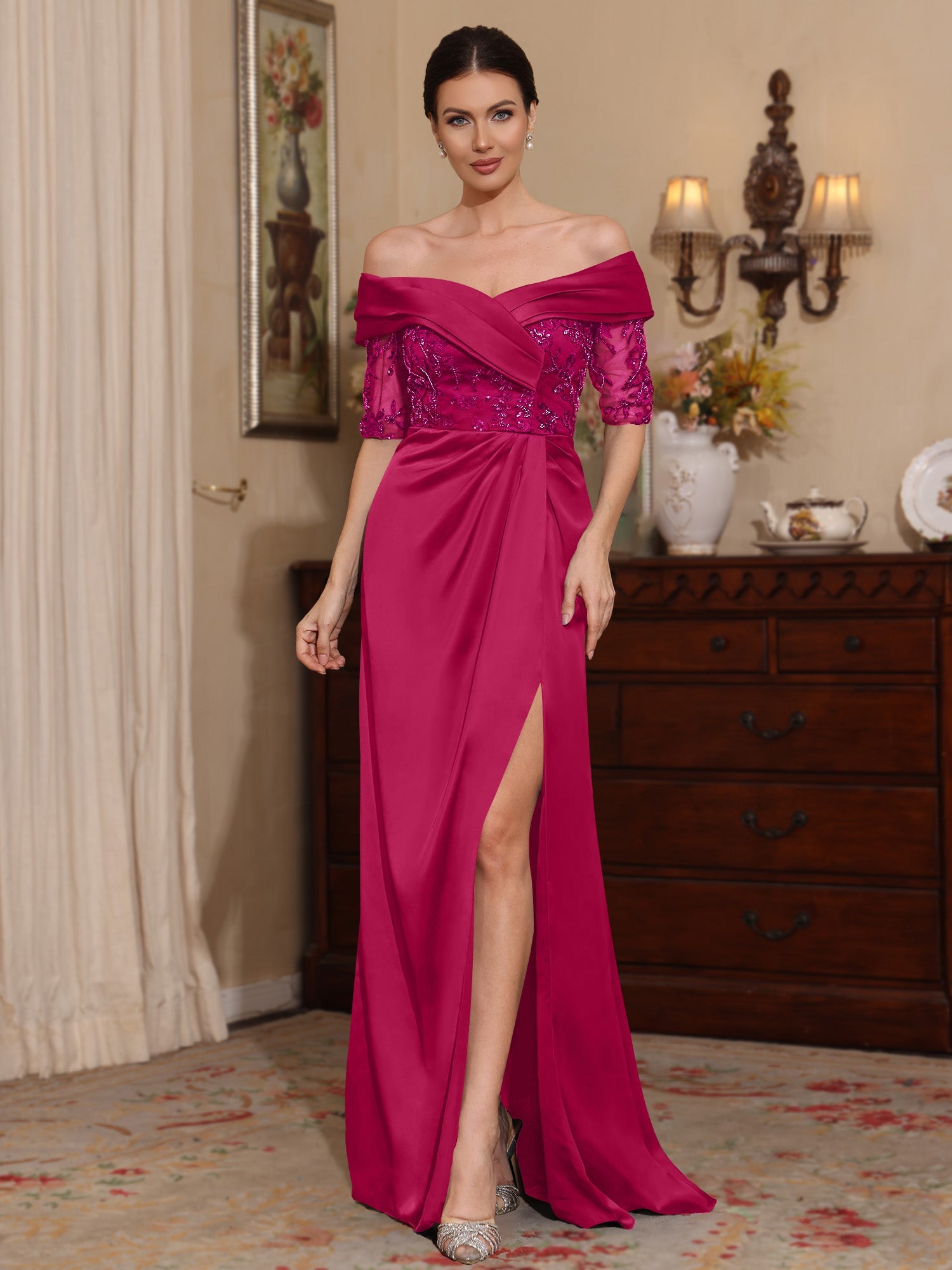 Sheath Column Off The Shoulder Satin Mother Of The Bride Dresses Lace Half Sleeves Floor Length With Split Side