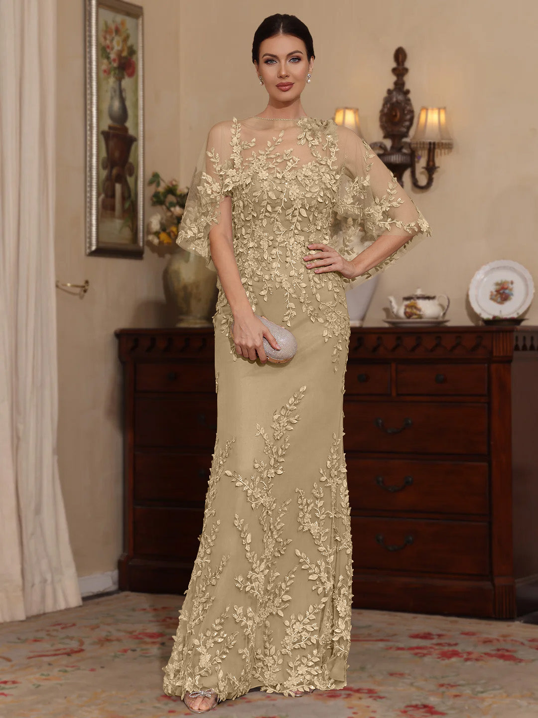 2 Pieces Sheath Column Scoop Lace Mother Of The Bride Dresses With Wrap Beading Floral Half Sleeves Floor Length