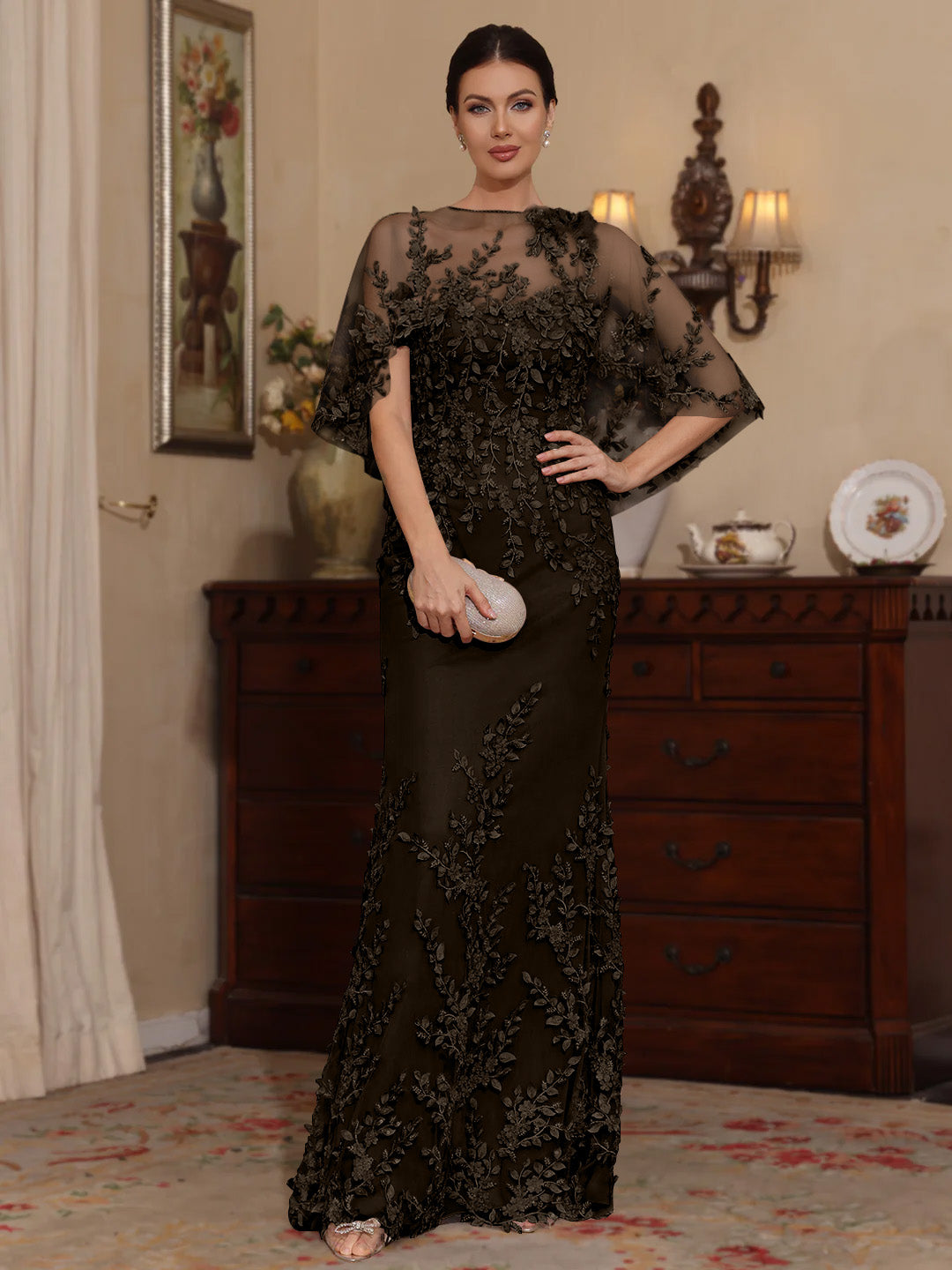 2 Pieces Sheath Column Scoop Lace Mother Of The Bride Dresses With Wrap Beading Floral Half Sleeves Floor Length