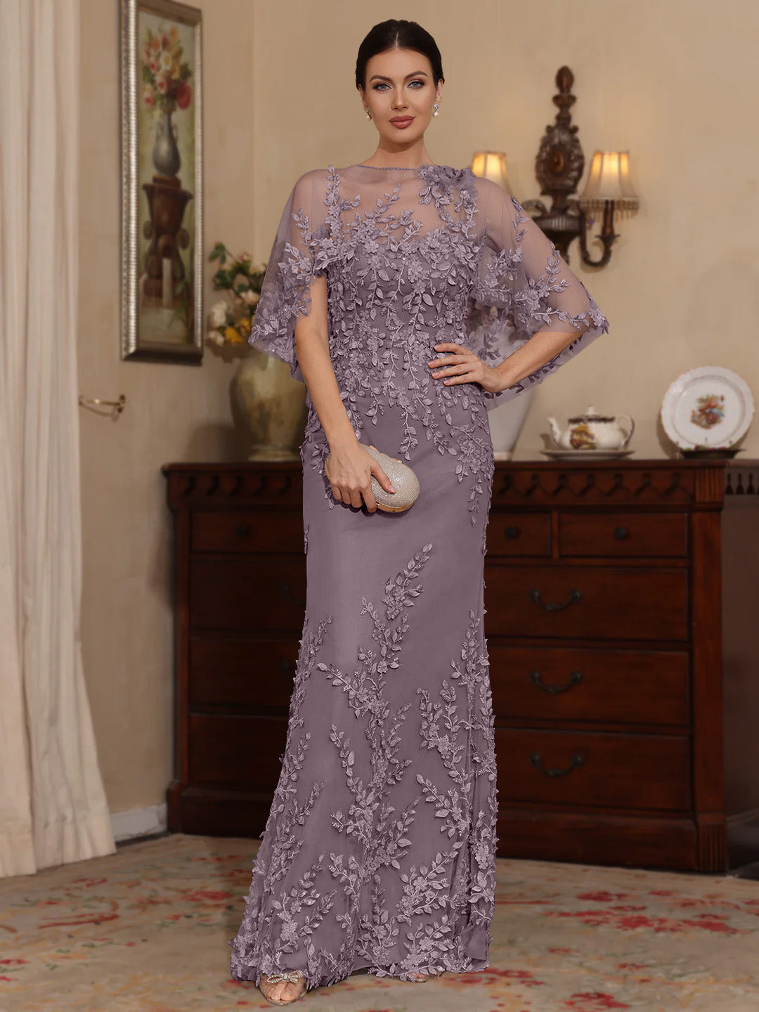 2 Pieces Sheath Column Scoop Lace Mother Of The Bride Dresses With Wrap Beading Floral Half Sleeves Floor Length