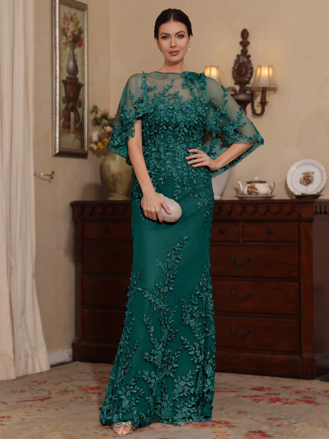 2 Pieces Sheath Column Scoop Lace Mother Of The Bride Dresses With Wrap Beading Floral Half Sleeves Floor Length