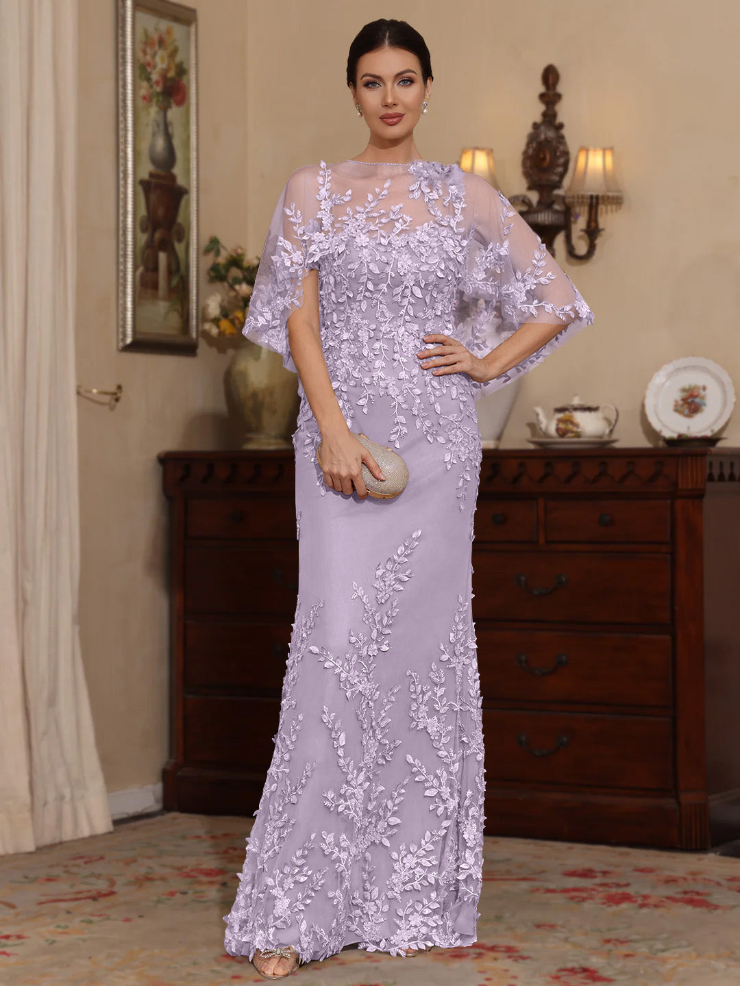 2 Pieces Sheath Column Scoop Lace Mother Of The Bride Dresses With Wrap Beading Floral Half Sleeves Floor Length