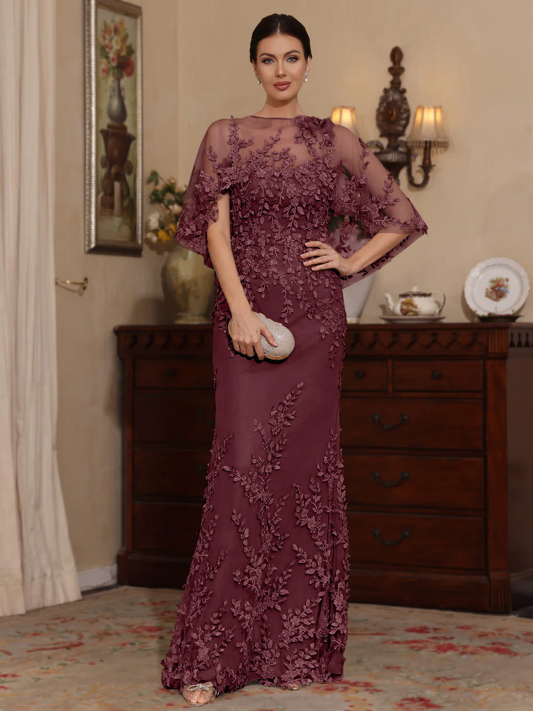 2 Pieces Sheath Column Scoop Lace Mother Of The Bride Dresses With Wrap Beading Floral Half Sleeves Floor Length