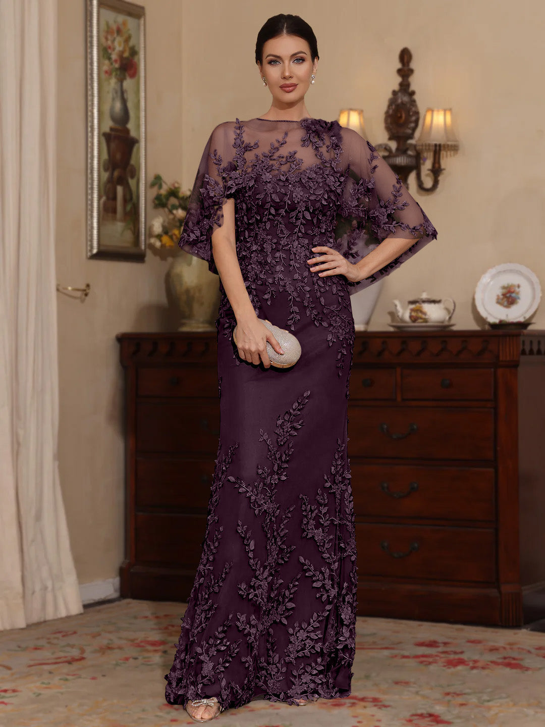 2 Pieces Sheath Column Scoop Lace Mother Of The Bride Dresses With Wrap Beading Floral Half Sleeves Floor Length