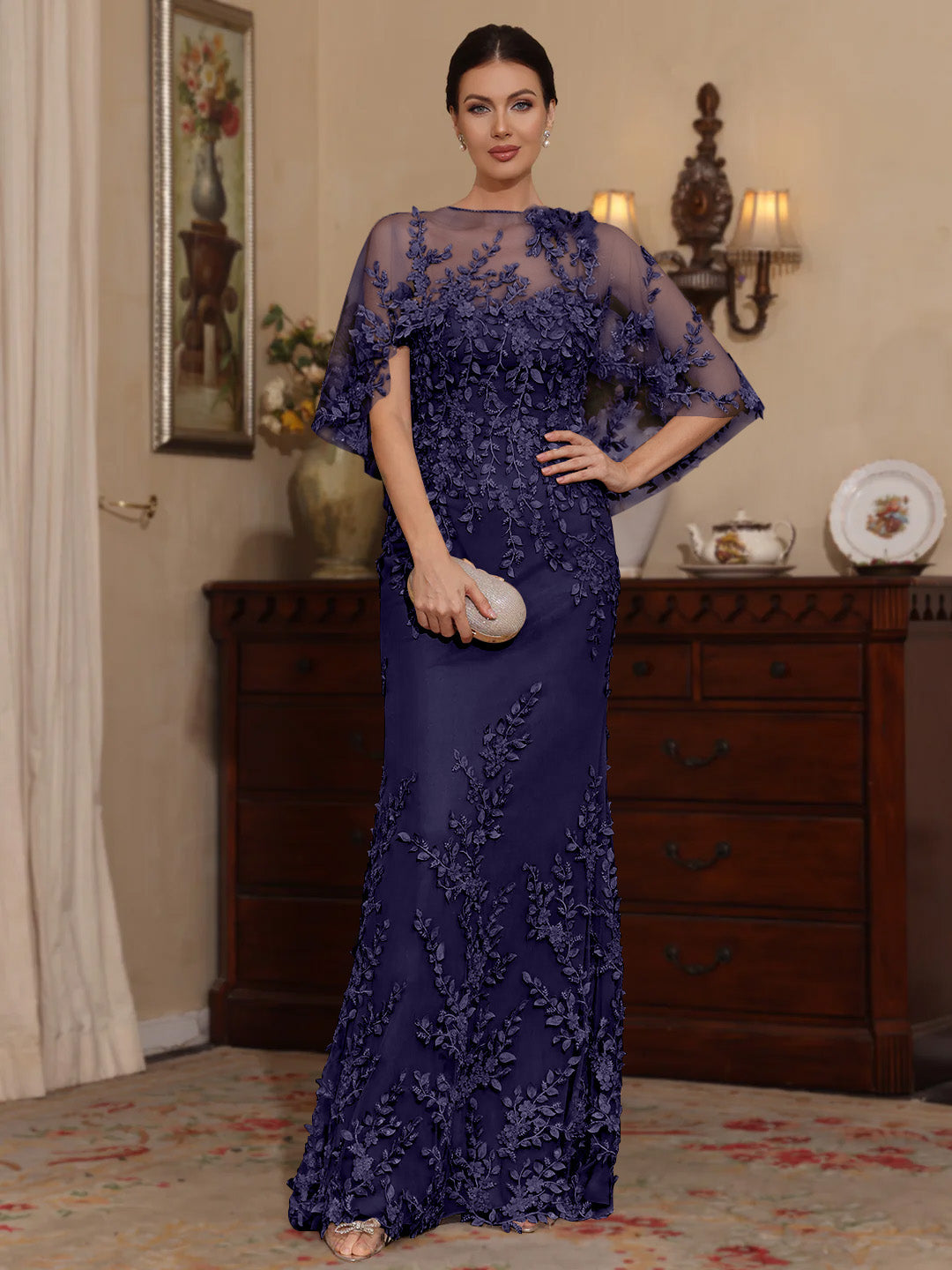 2 Pieces Sheath Column Scoop Lace Mother Of The Bride Dresses With Wrap Beading Floral Half Sleeves Floor Length