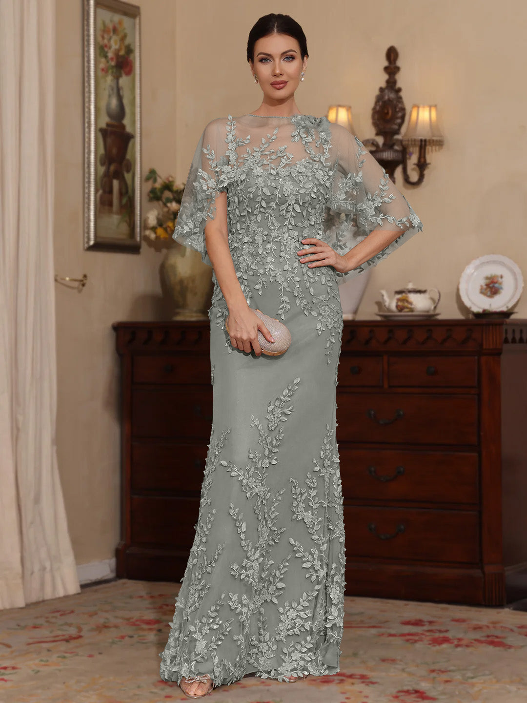 2 Pieces Sheath Column Scoop Lace Mother Of The Bride Dresses With Wrap Beading Floral Half Sleeves Floor Length