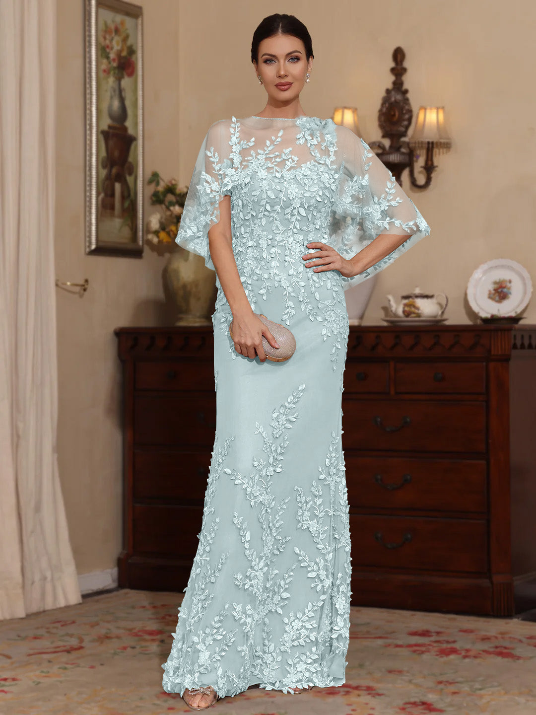 2 Pieces Sheath Column Scoop Lace Mother Of The Bride Dresses With Wrap Beading Floral Half Sleeves Floor Length