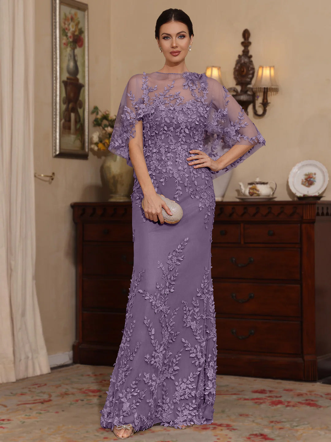 2 Pieces Sheath Column Scoop Lace Mother Of The Bride Dresses With Wrap Beading Floral Half Sleeves Floor Length