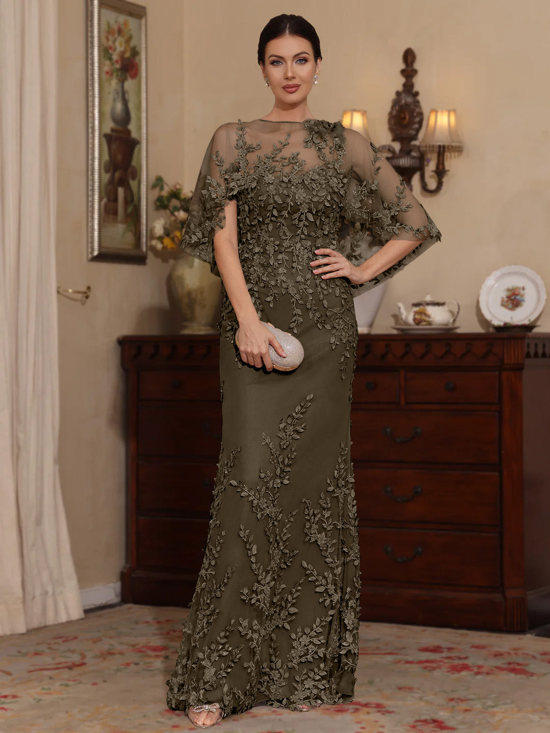 2 Pieces Sheath Column Scoop Lace Mother Of The Bride Dresses With Wrap Beading Floral Half Sleeves Floor Length
