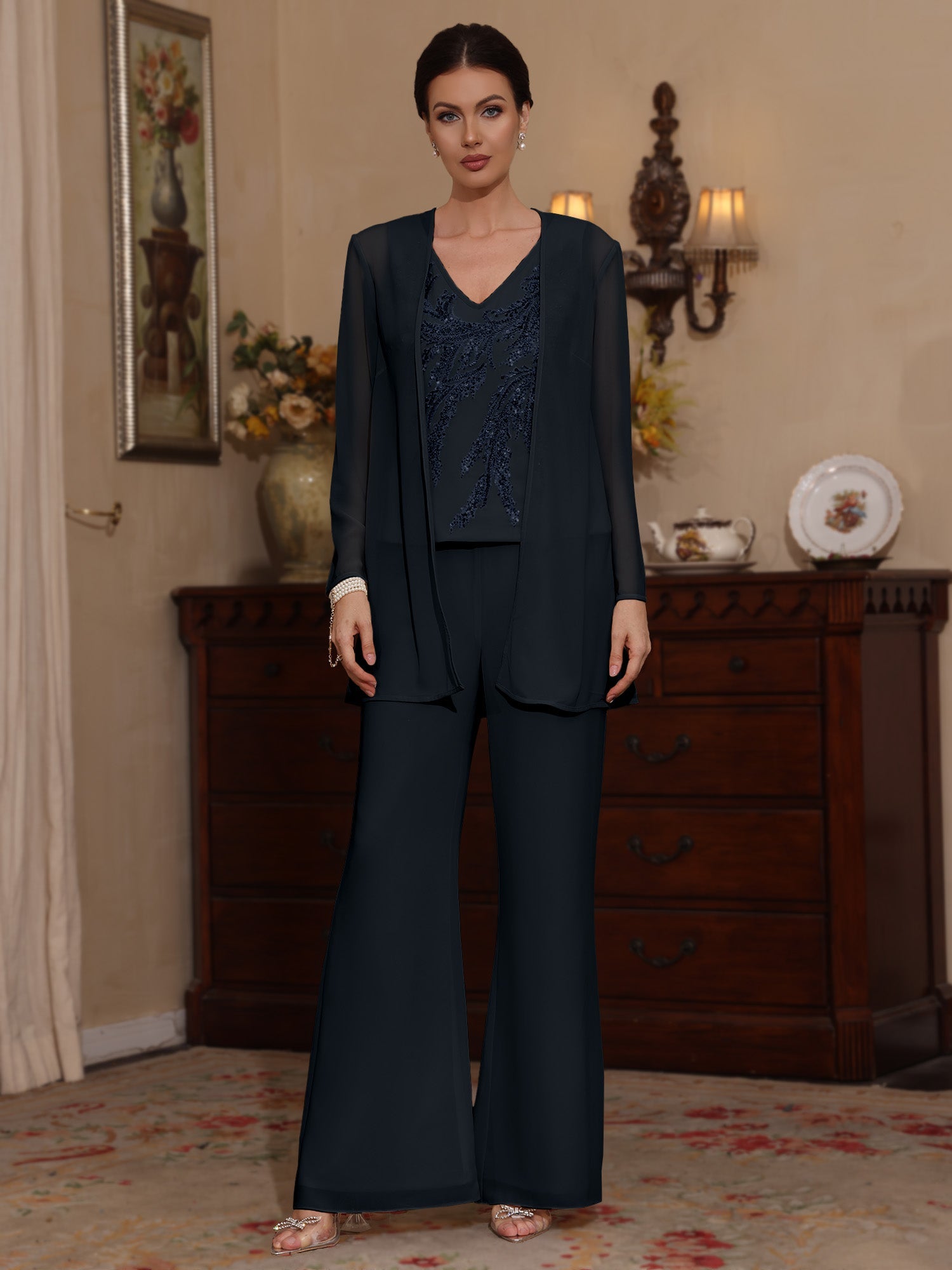 3 Pieces V Neck Chiffon Mother Of The Bride Pantsuits With Jacket Sequins Ankle Length Long Sleeves
