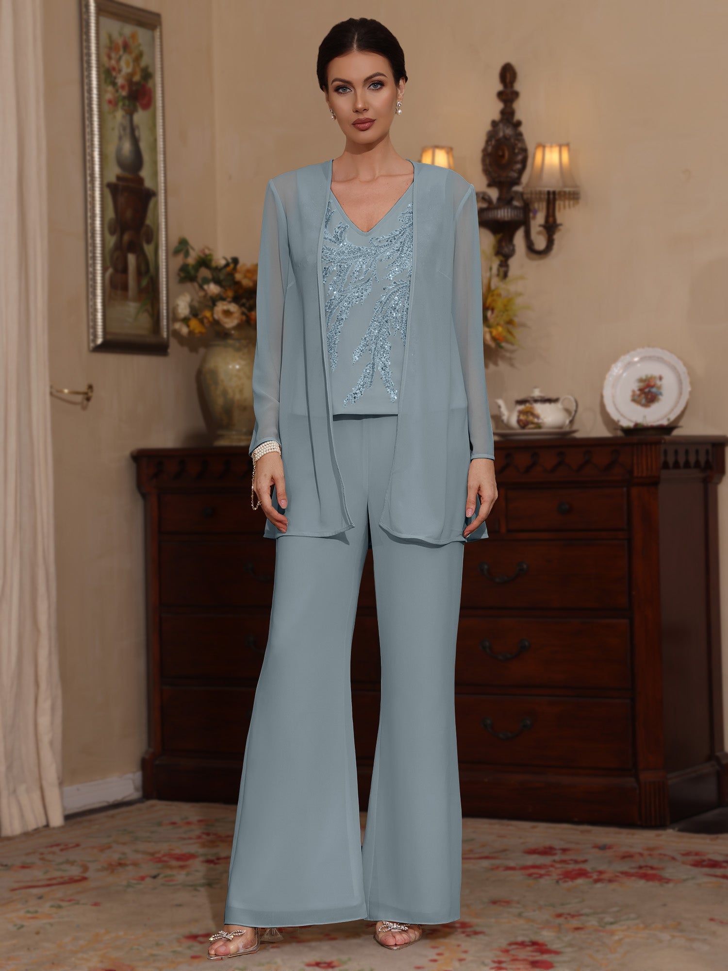 3 Pieces V Neck Chiffon Mother Of The Bride Pantsuits With Jacket Sequins Ankle Length Long Sleeves