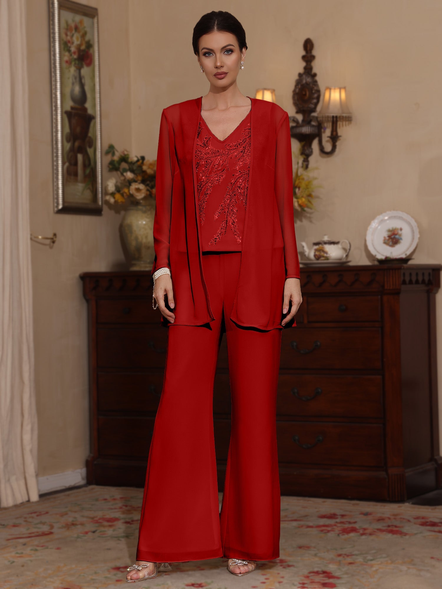 3 Pieces V Neck Chiffon Mother Of The Bride Pantsuits With Jacket Sequins Ankle Length Long Sleeves