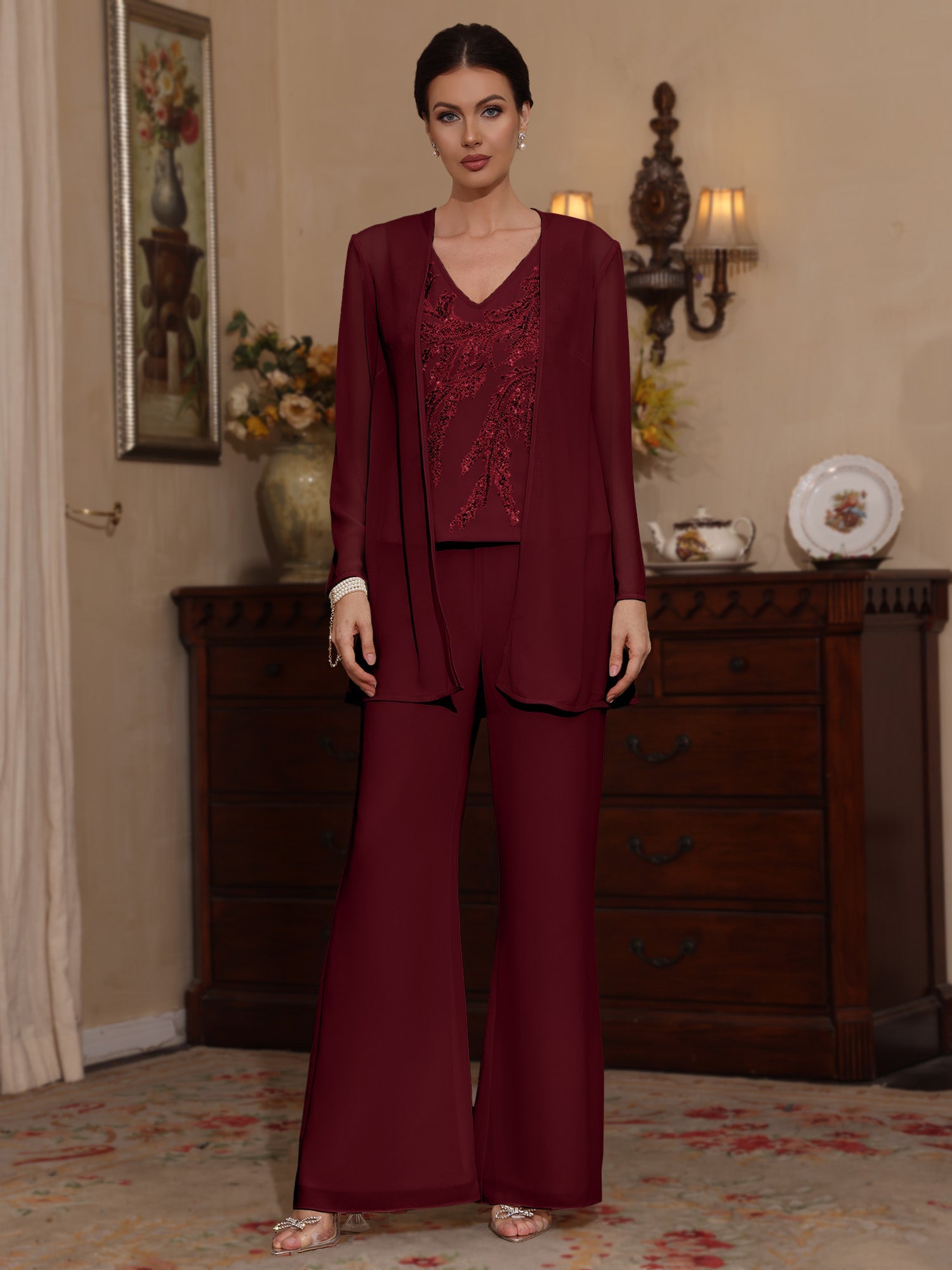 3 Pieces V Neck Chiffon Mother Of The Bride Pantsuits With Jacket Sequins Ankle Length Long Sleeves
