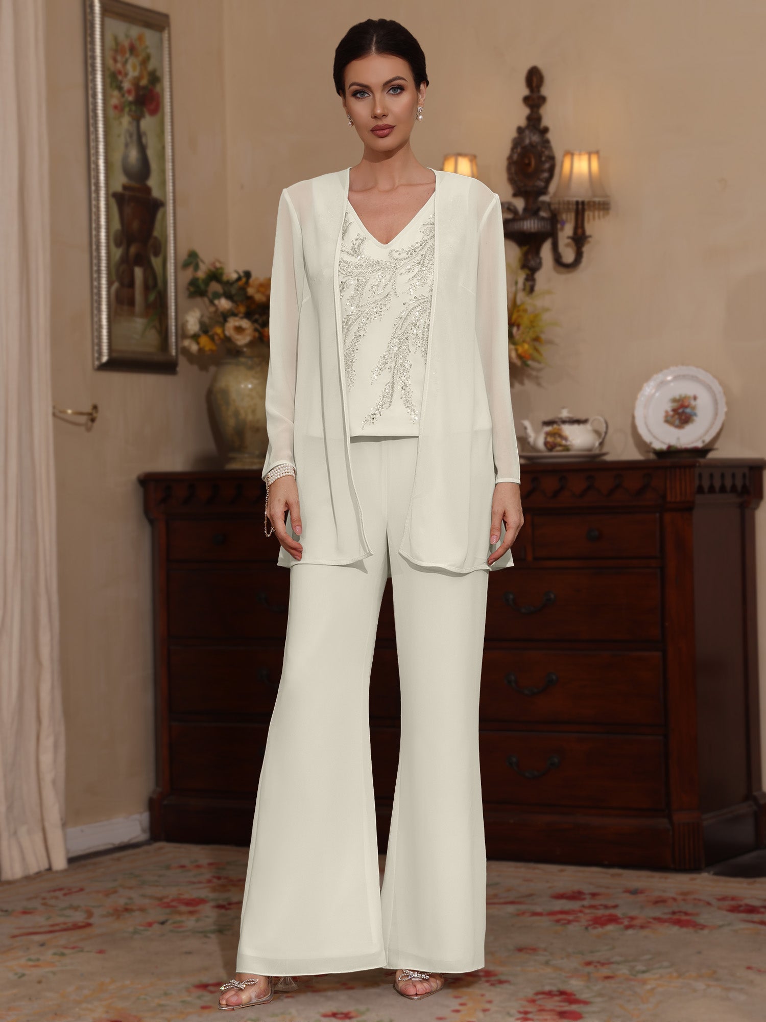 3 Pieces V Neck Chiffon Mother Of The Bride Pantsuits With Jacket Sequins Ankle Length Long Sleeves