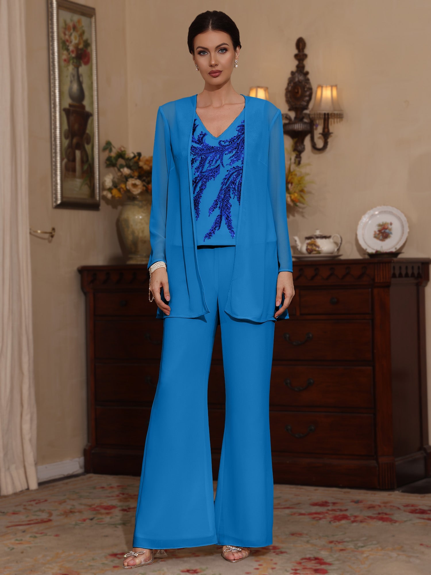 3 Pieces V Neck Chiffon Mother Of The Bride Pantsuits With Jacket Sequins Ankle Length Long Sleeves