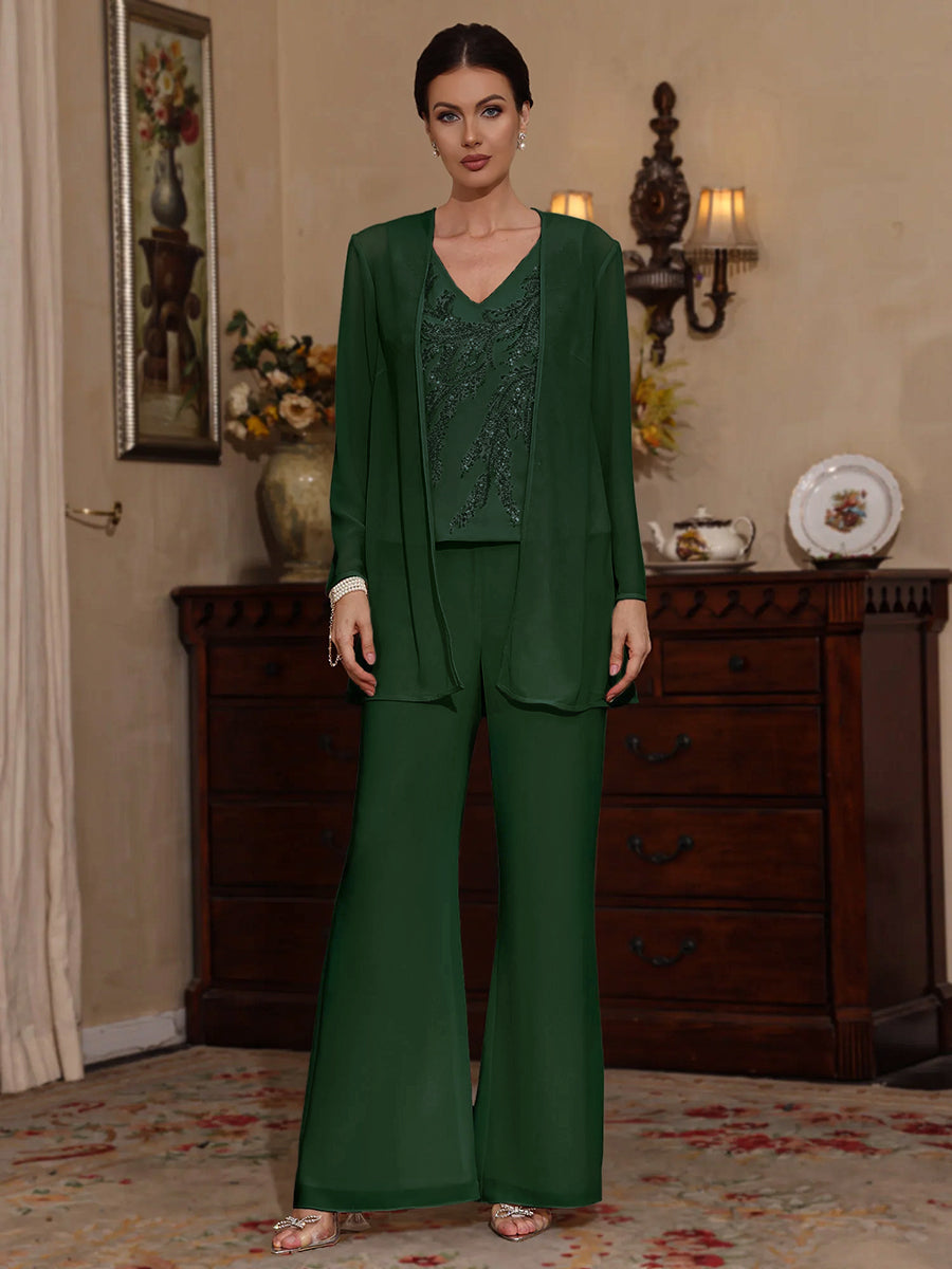 3 Pieces V Neck Chiffon Mother Of The Bride Pantsuits With Jacket Sequins Ankle Length Long Sleeves