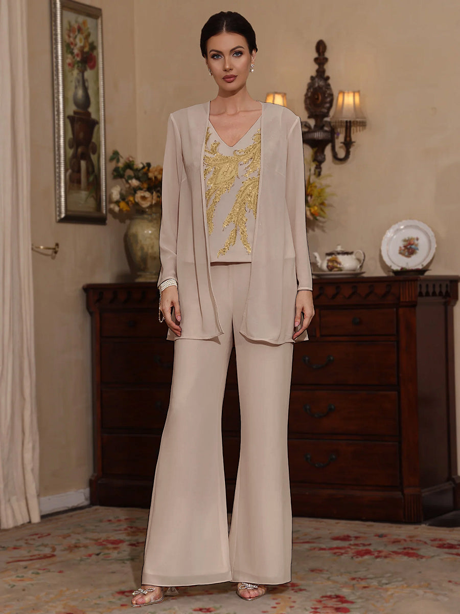 3 Pieces V Neck Chiffon Mother Of The Bride Pantsuits With Jacket Sequins Ankle Length Long Sleeves