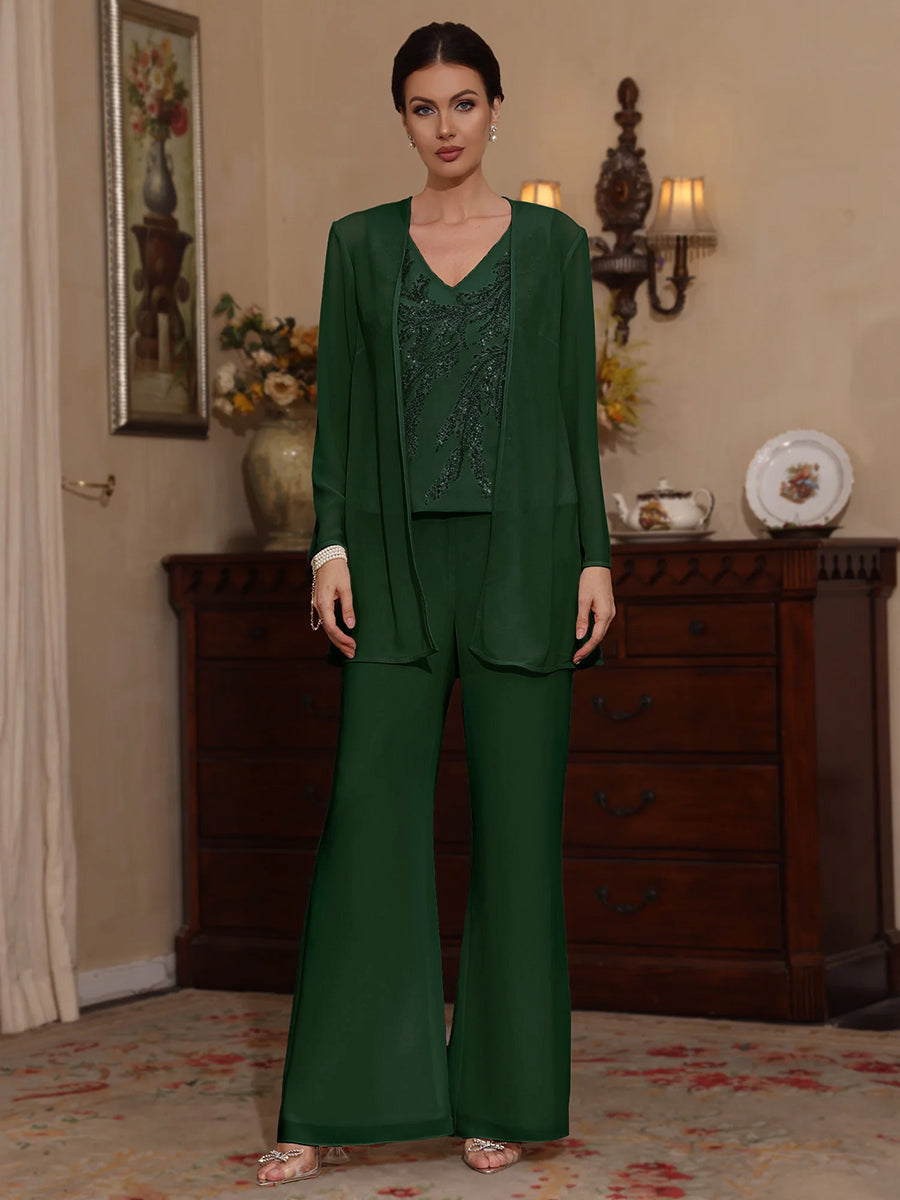 3 Pieces V Neck Chiffon Mother Of The Bride Pantsuits With Jacket Sequins Ankle Length Long Sleeves