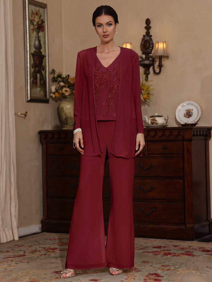 3 Pieces V Neck Chiffon Mother Of The Bride Pantsuits With Jacket Sequins Ankle Length Long Sleeves