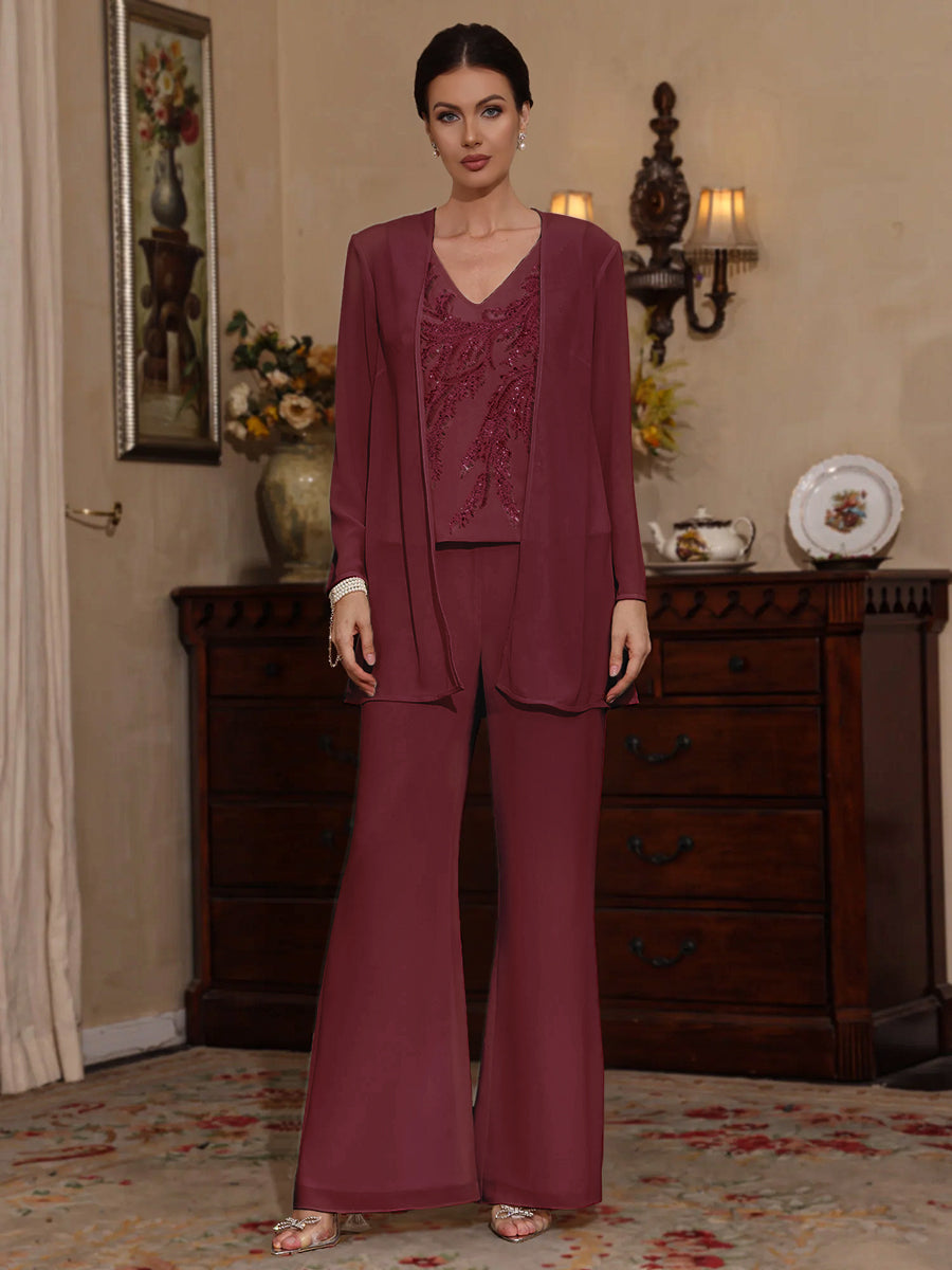 3 Pieces V Neck Chiffon Mother Of The Bride Pantsuits With Jacket Sequins Ankle Length Long Sleeves