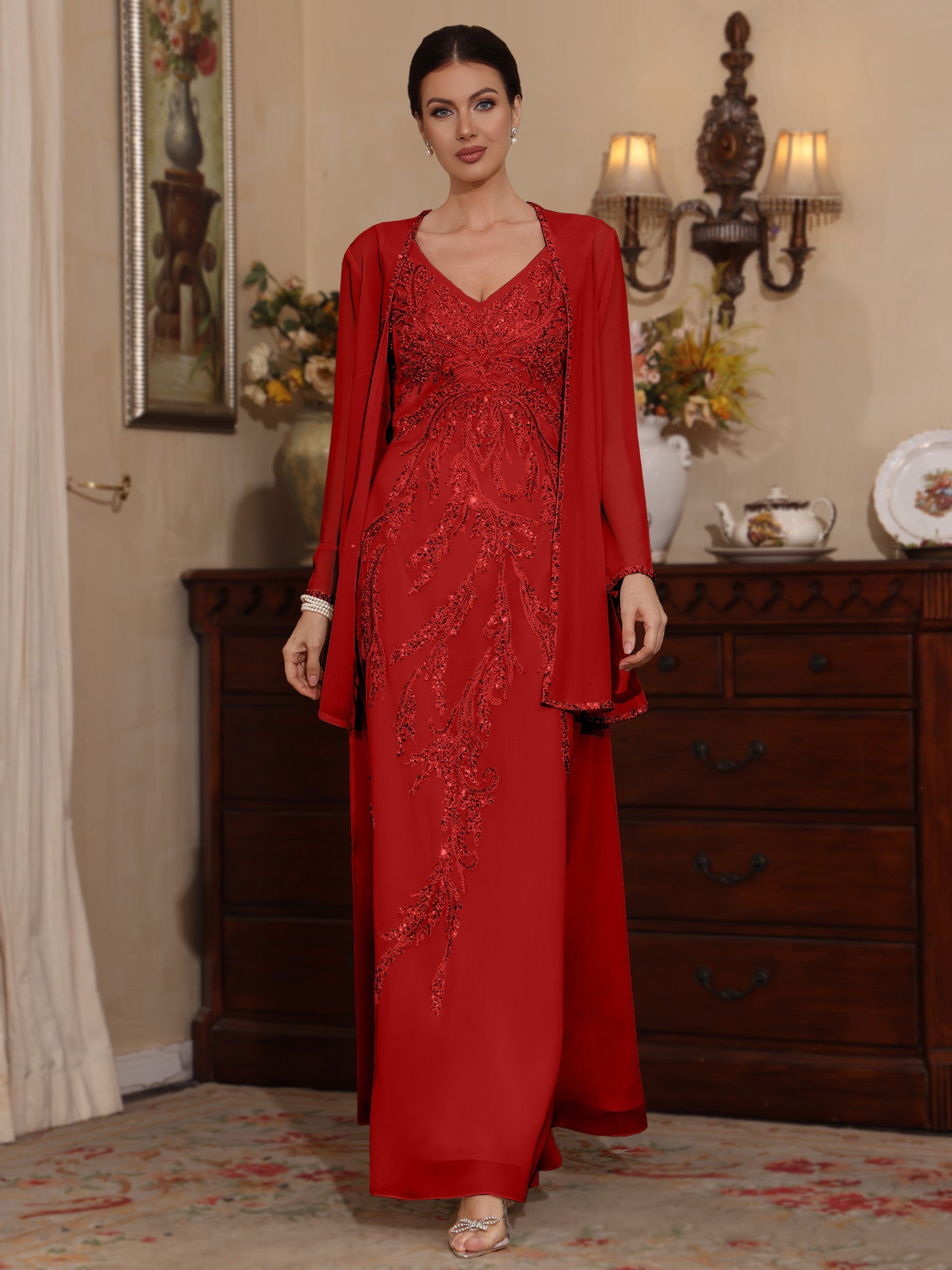 2 Pieces A Line Princess V Neck Chiffon Mother Of The Bride Dresses With Jacket Sequins Ankle Length Long Sleeves
