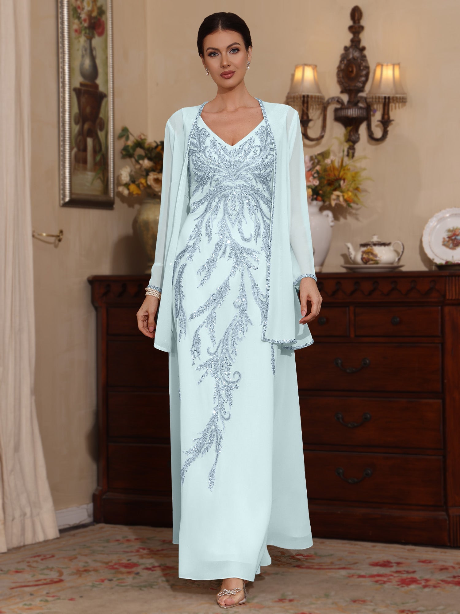 2 Pieces A Line Princess V Neck Chiffon Mother Of The Bride Dresses With Jacket Sequins Ankle Length Long Sleeves